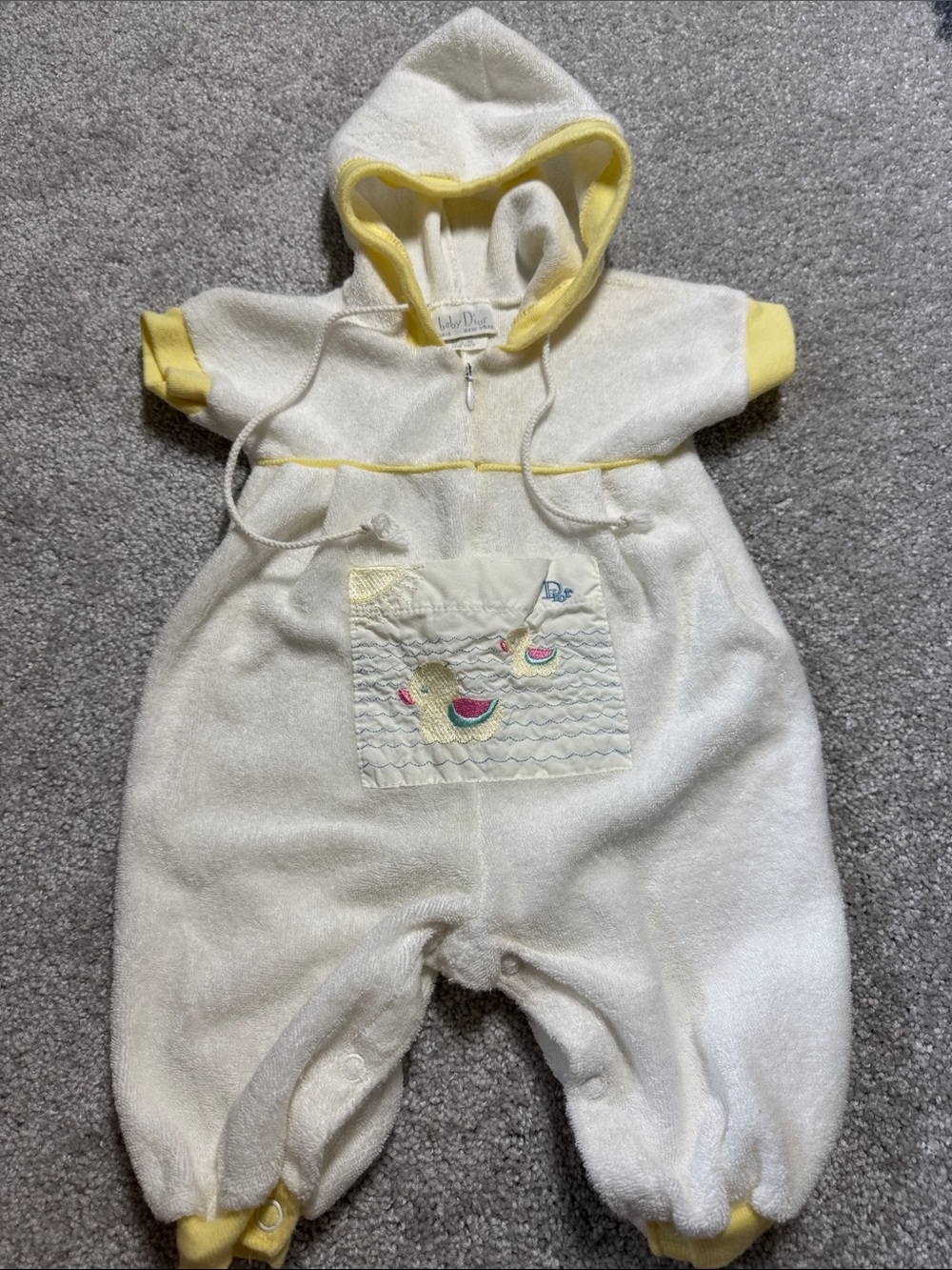 Vintage Baby Dior Hooded Terry One-Piece Romper Infant Size 3 Months Embroidered